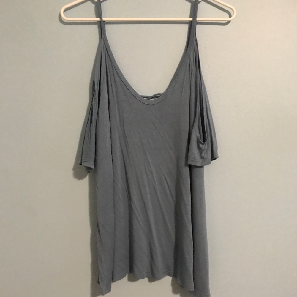 Blue open shoulder shirt